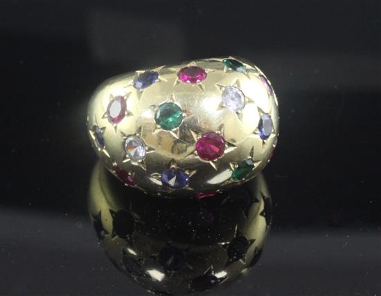 An 18ct yellow gold and multi coloured gem set ring of bombe form, size P/Q